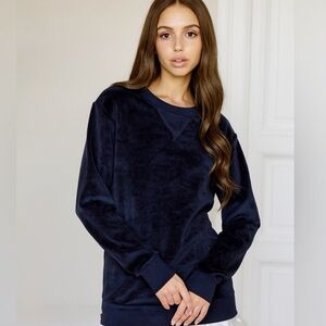 Honeydew USA Navy Blue Velour Crew Neck Sweater Casual Cozy Core Comfort
